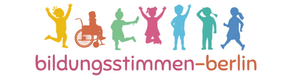 Dort steht als Text geschrieben: Bildungstimmen-Berlin. über den Schriftzug sind abstrakte Grafiken von verschiedenen Kindern.